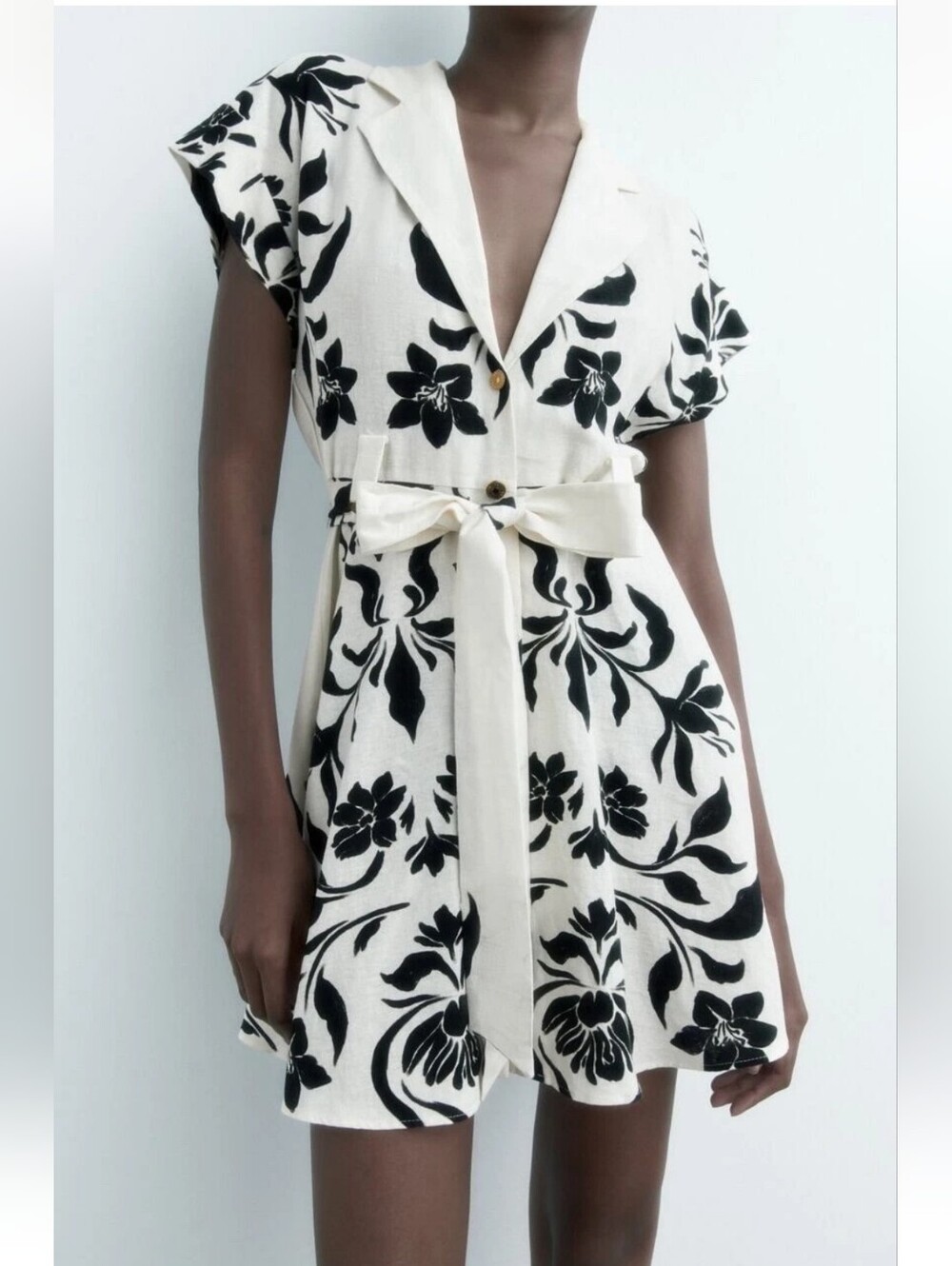 ZARA | Linen Printed Dress Black White Floral Sz XS
